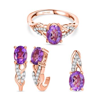 3er Set - D'Joy AA Rose De France Amethyst Ring, Ohrringe, und Anh&auml;nger, 925 Silber 750 ros&eacute;vergoldet (Gr&ouml;&szlig;e 19.00) ca. 4,74 ct.