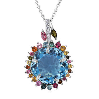 AA Blau Topas, Multi-Turmalin und Zirkon Anh&auml;nger mit 50cm Kette - 14,15  ct.