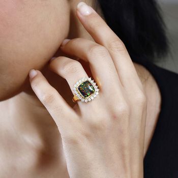 Lab Grown schwarzen Opal, Wei&szlig;er Zirkon Ring, 925 Silber Gelbgold Vermeil (Gr&ouml;&szlig;e 21.00) ca. 3.69 ct