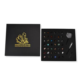 LIVMORE Mineralien Sammlung Set 45 teilig mit Bergkristall und Lupe, Mehrfarbig