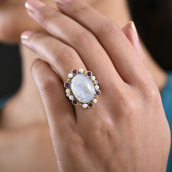 GP - Regenbogen Mondstein, S&uuml;&szlig;wasser Perle (3mm) Ring 925 Silber Rhodiniert und 750 Gelbgold Vermeil (Gr&ouml;&szlig;e 20.00) ca 14.83 crt 14.82 ct