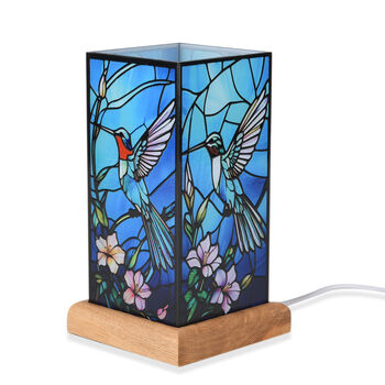 LED Lampe mit Kolibri Design, Eschenholz und Acryl, USB Anschluss, Mehrfarbig