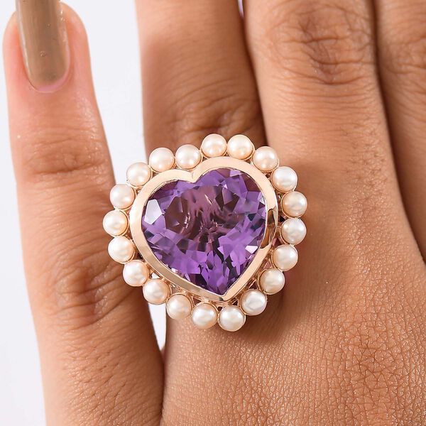 D'Joy AA Rosa Amethyst, S&uuml;&szlig;wasser Perle (3.5mm) Ring 925 Silber 750 Ros&eacute;gold Vermeil (Gr&ouml;&szlig;e 17.00) 22.90 ct image number 3