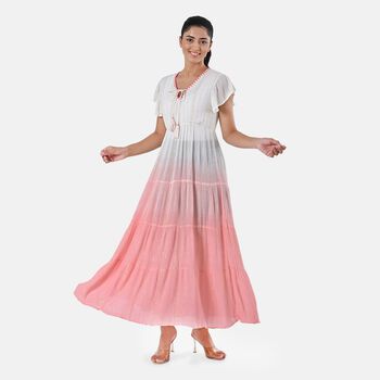 Maxikleid aus Viskose-Crepe mit Lurex Ombre-Schal mit Quasten aus Poly-Seide-Modal und Crossbody Tasche Rosa