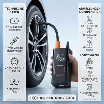 Tragbare Luftpumpe, 7.4V, 0,35 bis 10,3 Bar, 4000mAh, Schwarz Orange