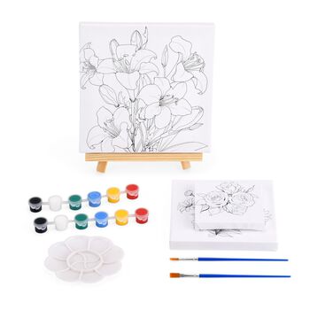 Leinwand-Malset - 3-teiliges Set mit Rosen-, G&auml;nsebl&uuml;mchen- und Lilienmotiv, inklusive Farben, Mischpalette und Pinseln