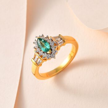 AAA Smaragd, Wei&szlig;er Zirkon Ring, 925 Silber Gelbgold Vermeil (Gr&ouml;&szlig;e 20.00) ca. 1.28 ct