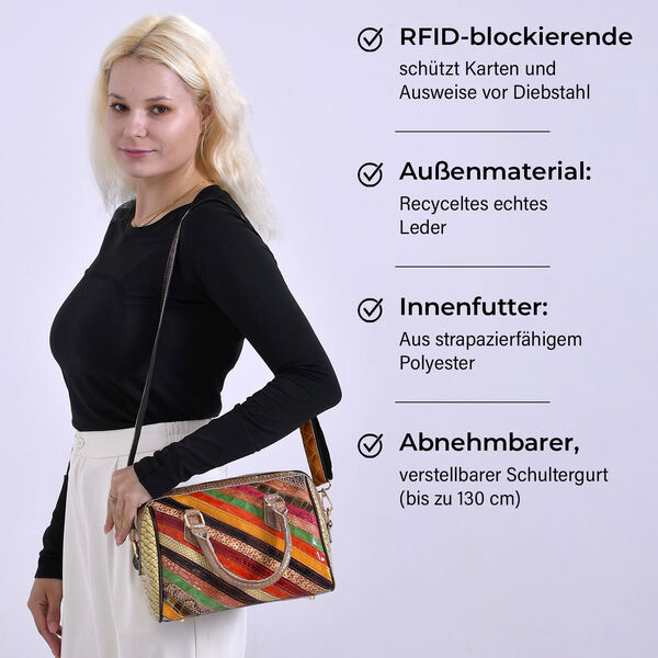 Chaos by Elsie Echtleder Streifenmuster Crossbody Tasche mit RFID-Schutz und Mini-Taschenlampe und LA MAREY Schal aus 100% Maulbeerseide image number 4
