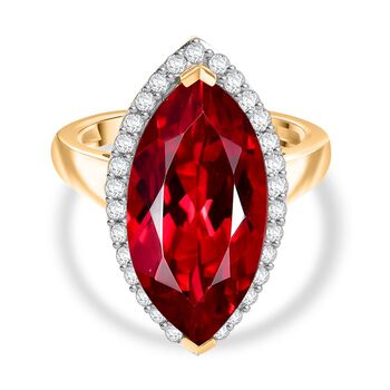 Marquise Dawn - D joy Lab Created Padparadscha-Saphir , Wei&szlig;er Zirkon Ring 925 Silber 750 Gelbgold Vermeil (Gr&ouml;&szlig;e 16.00) ca. 11.92 ct