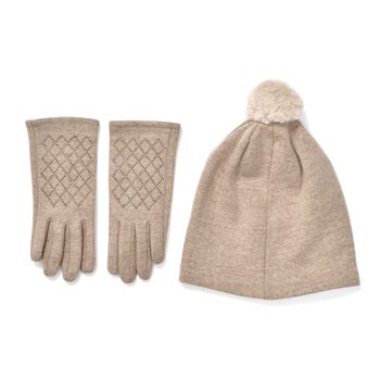 LA MAREY 2er-Set Kaschmir M&uuml;tzen und Handschuhen mit Mikropl&uuml;sch-Futter, Beige