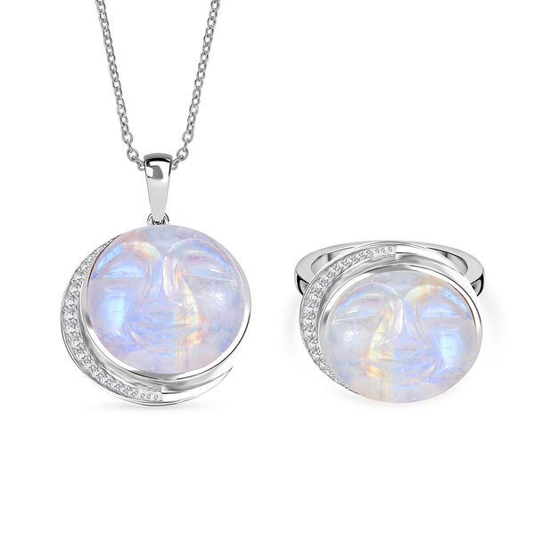 D'Joy AAA Regenbogen Mondstein und Zirkon Ring und Anh&auml;nger mit 50cm Kette