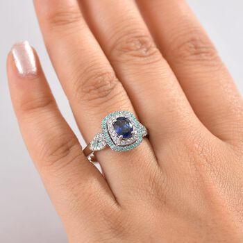 RHAPSODY zertifiziert und gepr&uuml;ft AAAA ceylonfarbener blauer Saphir, Paraiba Turmalin und VS Diamant Ring in 950 Platin - 1,84 ct.
