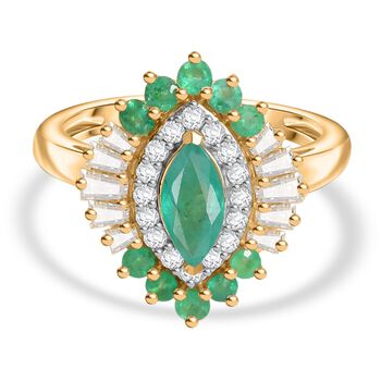 Djoy Kagem Sambischer Smaragd, Moissanit Ring 925 Silber 750 Gelbgold Vermeil (Gr&ouml;&szlig;e 20.00) ca. 1.31 ct