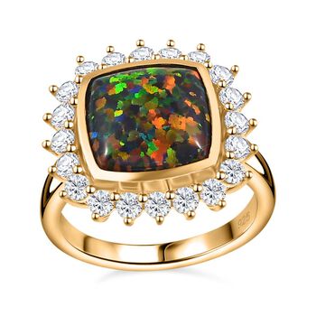 Lab Grown schwarzen Opal, Wei&szlig;er Zirkon Ring, 925 Silber Gelbgold Vermeil (Gr&ouml;&szlig;e 21.00) ca. 3.69 ct