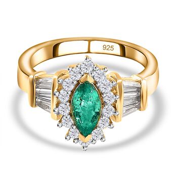 AAA Smaragd, Wei&szlig;er Zirkon Ring, 925 Silber Gelbgold Vermeil (Gr&ouml;&szlig;e 20.00) ca. 1.28 ct