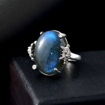 GP Kollektion - AAA Labradorit, Wei&szlig;er Zirkon Ring 925 Silber rhodiniert (Gr&ouml;&szlig;e 17.00) ca. 18,65 ct