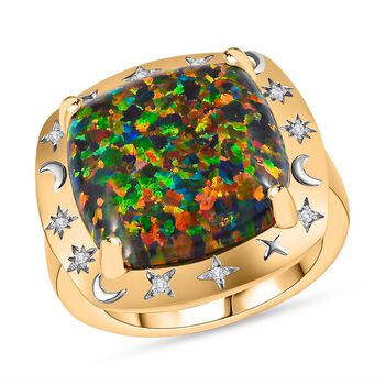 Labor erstellt schwarzen Opal, Wei&szlig;er Zirkon Ring 925 Silber  (Gr&ouml;&szlig;e 16.00) ca. 5,10 ct